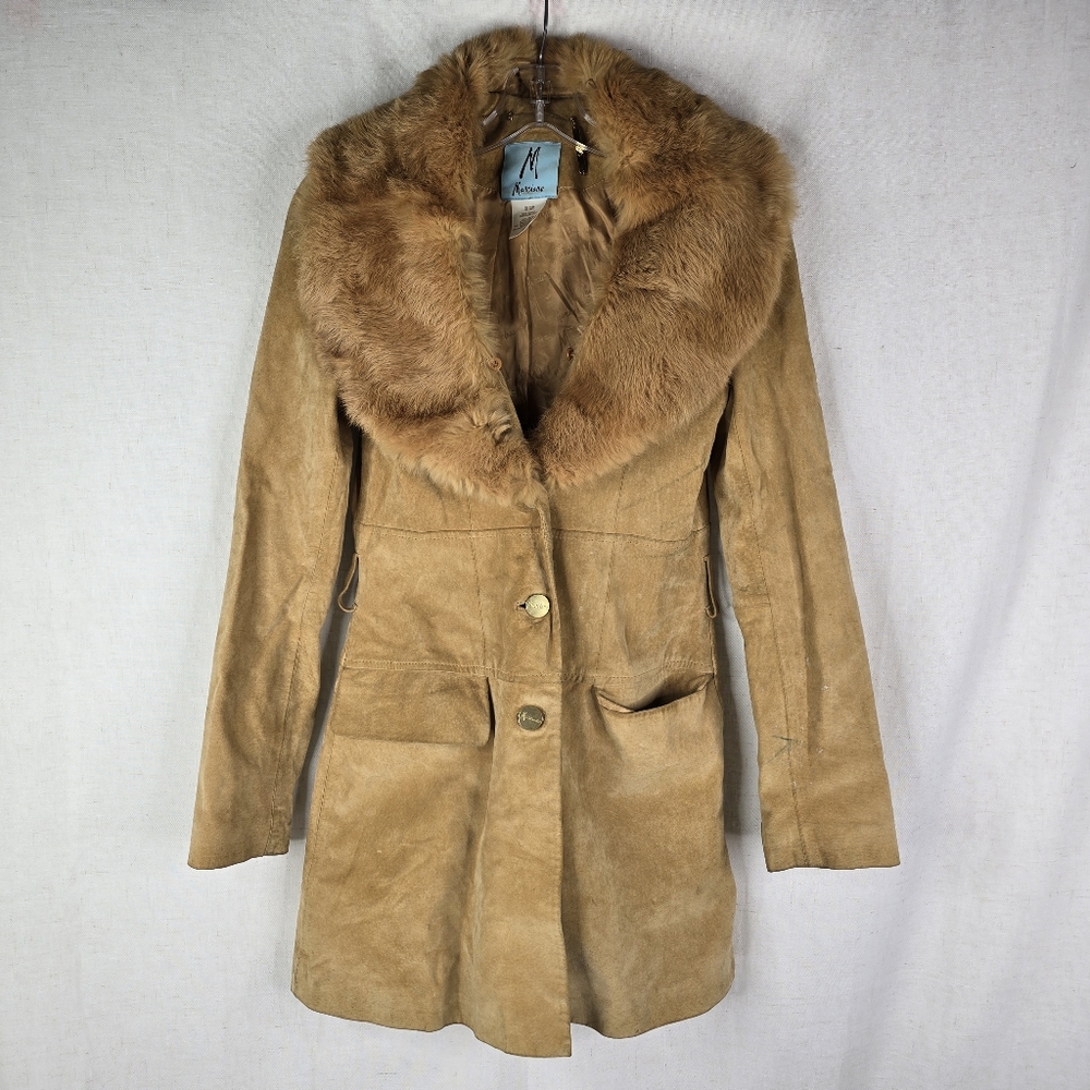 Marciano *FLAW Womens Small Y2k Fur Collar Long Brown Leather 90s Vintage Jacket